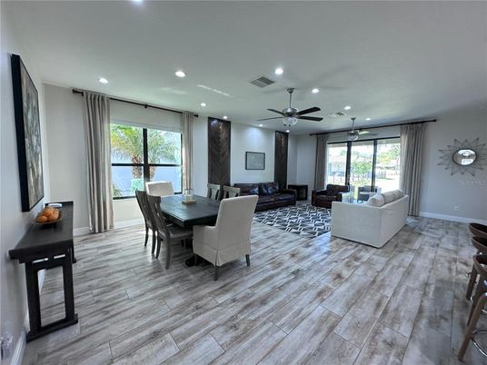 Dining room, Interior, Living room, Recessed Lighting, Wood Texture Flooring