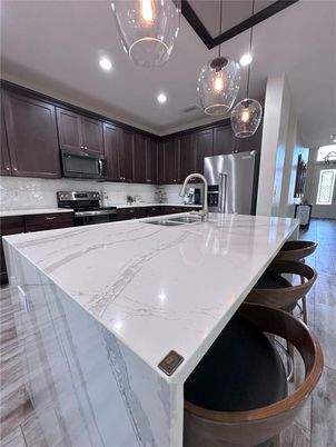 Interior, Kitchen, Marble, Pendant Lights, Recessed Lighting, Stainless Steel Appliances