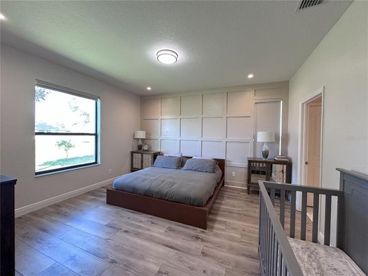 Bedroom, Interior, Recessed Lighting, Wood Texture Flooring