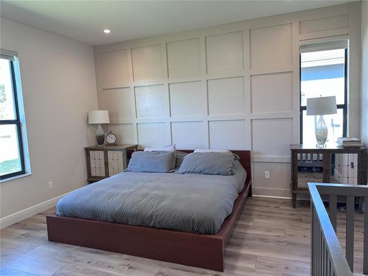 Bedroom, Interior, Recessed Lighting, Wood Texture Flooring