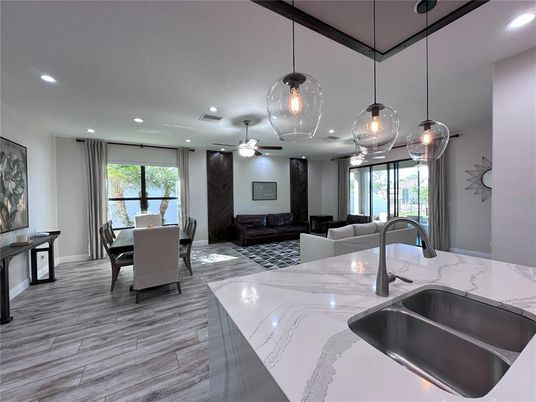 Dining room, Interior, Kitchen, Living room, Pendant Lights, Recessed Lighting, Wood Texture Flooring