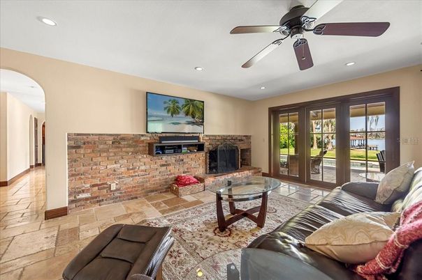 Fireplace, Interior, Living room, Recessed Lighting, Stone Walls