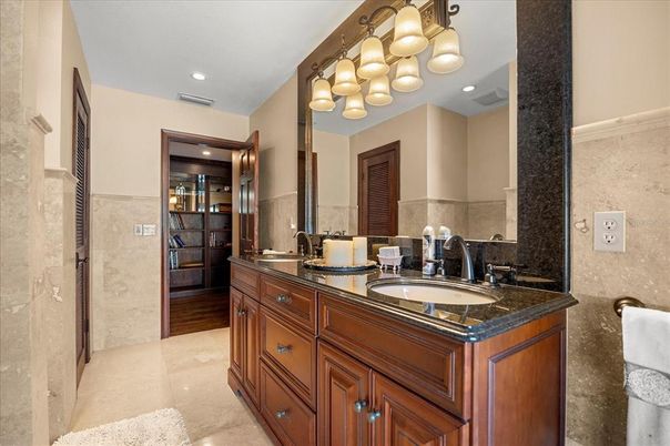 Bathroom, Dual Sink Vanities, Interior, Recessed Lighting, Wood Texture Flooring