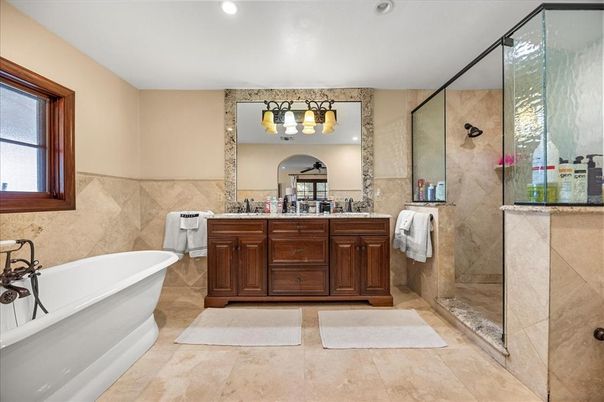 Bathroom, Dual Sink Vanities, Free Standing Baths, Glass Shower, Interior, Recessed Lighting