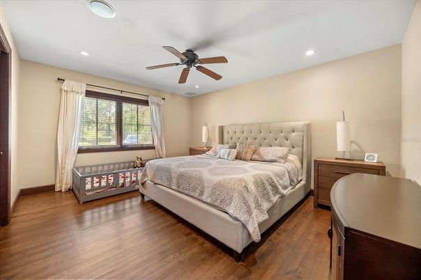 Bedroom, Interior, Recessed Lighting, Wood Texture Flooring