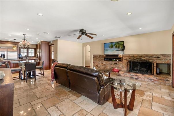 Dining room, Fireplace, Interior, Kitchen, Living room, Pendant Lights, Recessed Lighting, Stone Walls