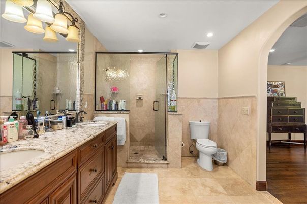 Bathroom, Dual Sink Vanities, Glass Shower, Interior, Recessed Lighting