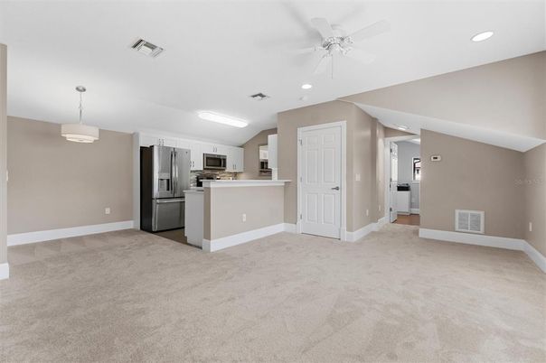 Empty room, Interior, Kitchen, Pendant Lights, Recessed Lighting, Stainless Steel Appliances
