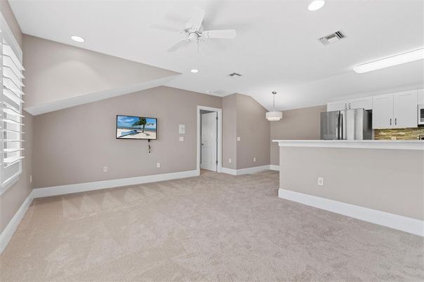 Empty room, Interior, Kitchen, Pendant Lights, Recessed Lighting, Stainless Steel Appliances
