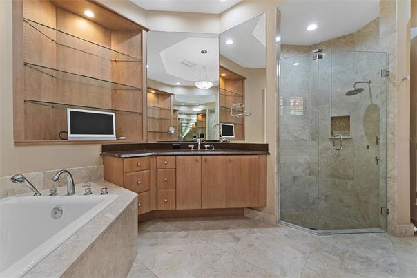 Bathroom, Dual Sink Vanities, Glass Shower, Interior, Pendant Lights, Recessed Lighting