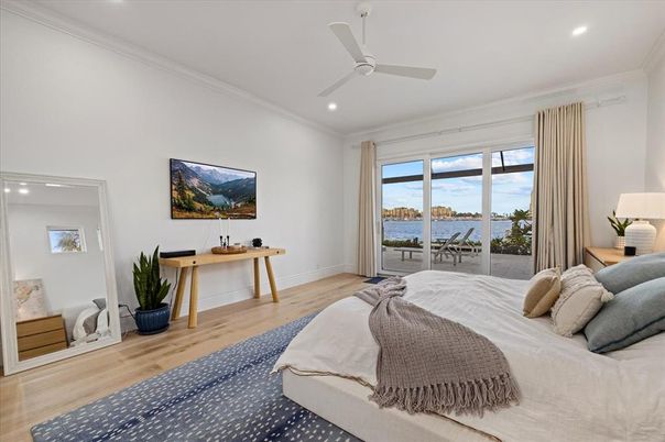 Bedroom, Interior, Recessed Lighting, Water, Wood Texture Flooring