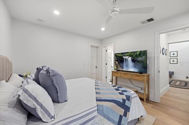 Bedroom, Interior, Recessed Lighting, Wood Texture Flooring