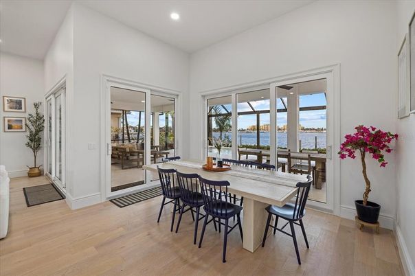 Dining room, Interior, Recessed Lighting, Water, Wood Texture Flooring