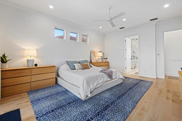 Bedroom, Interior, Recessed Lighting, Wood Texture Flooring