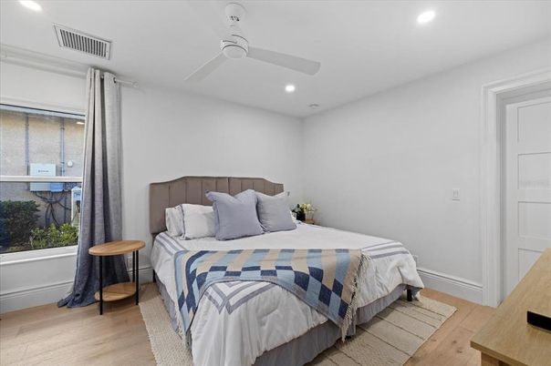 Bedroom, Interior, Recessed Lighting, Wood Texture Flooring
