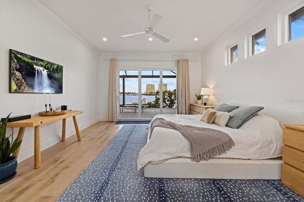 Bedroom, Interior, Recessed Lighting, Water, Wood Texture Flooring