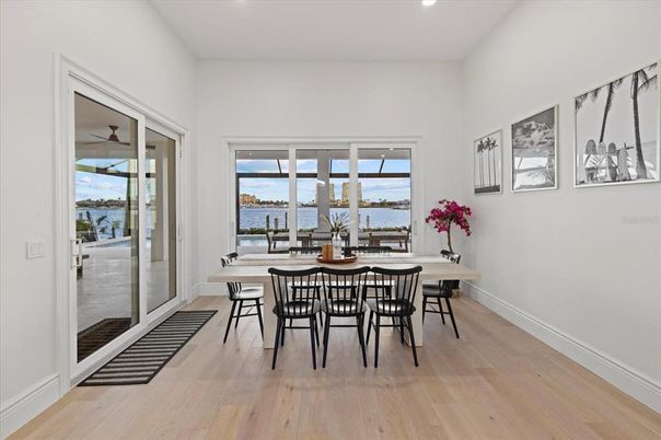 Dining room, Interior, Recessed Lighting, Water, Wood Texture Flooring