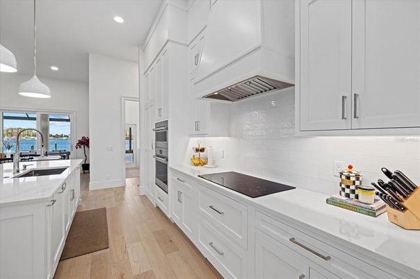 Interior, Kitchen, Pendant Lights, Recessed Lighting, Water, Wood Texture Flooring