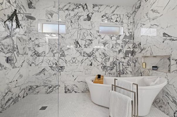 Bathroom, Free Standing Baths, Glass Shower, Interior, Marble Walls