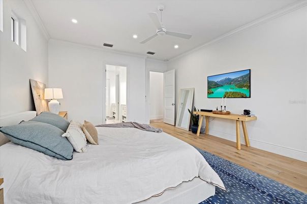 Bedroom, Interior, Recessed Lighting, Wood Texture Flooring