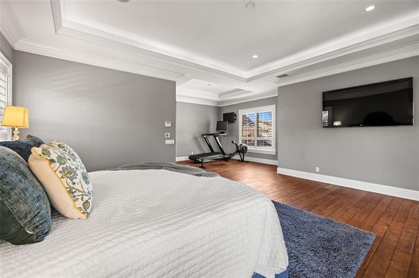 Bedroom, Fitness Equipment, Interior, Recessed Lighting, Wood Texture Flooring