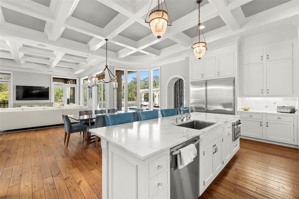 Dining room, Interior, Kitchen, Living room, Pendant Lights, Stainless Steel Appliances, Wood Texture Flooring