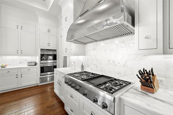 Interior, Kitchen, Marble Walls, Stainless Steel Appliances, Wood Texture Flooring