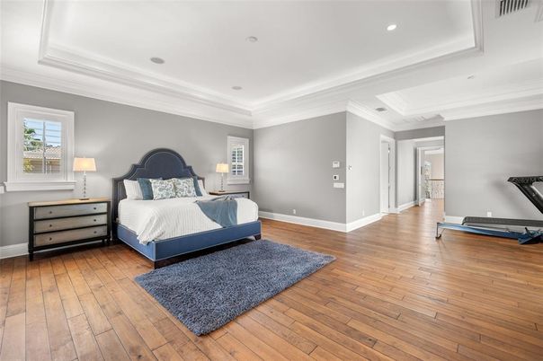 Bedroom, Interior, Recessed Lighting, Wood Texture Flooring
