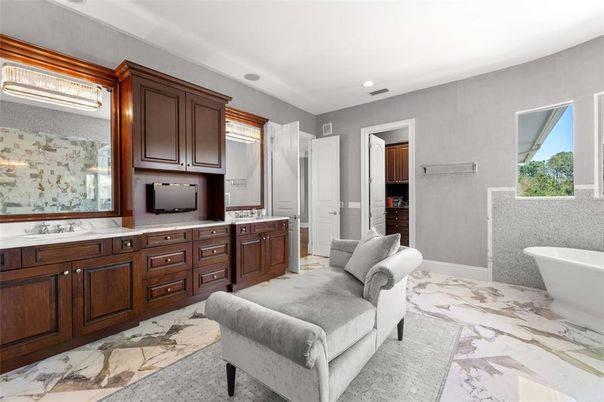 Bathroom, Dual Sink Vanities, Free Standing Baths, Interior, Marble, Recessed Lighting