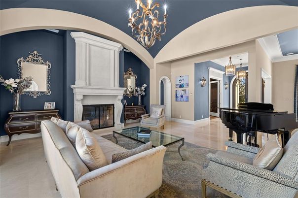 Chandelier, Fireplace, Interior, Living room, Piano