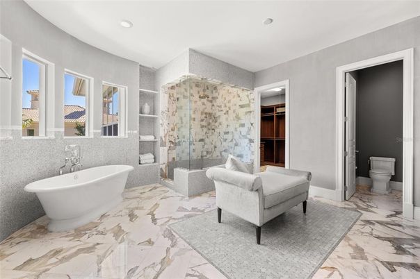 Bathroom, Free Standing Baths, Glass Shower, Interior, Marble, Recessed Lighting