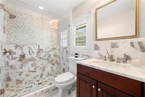 Bathroom, Glass Shower, Interior, Marble Walls, Recessed Lighting