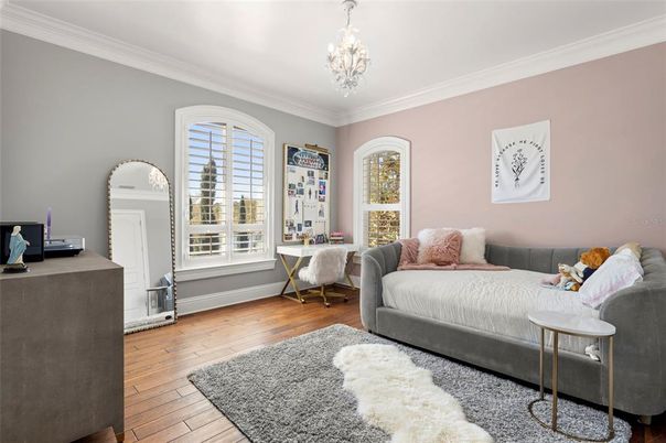 Bedroom, Chandelier, Interior, Wood Texture Flooring