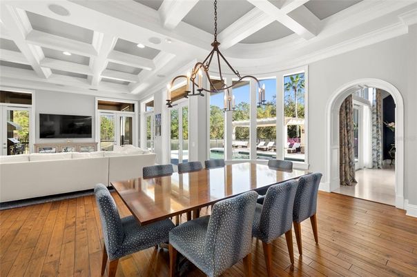 Dining room, Interior, Living room, Pendant Lights, Recessed Lighting, Wood Texture Flooring