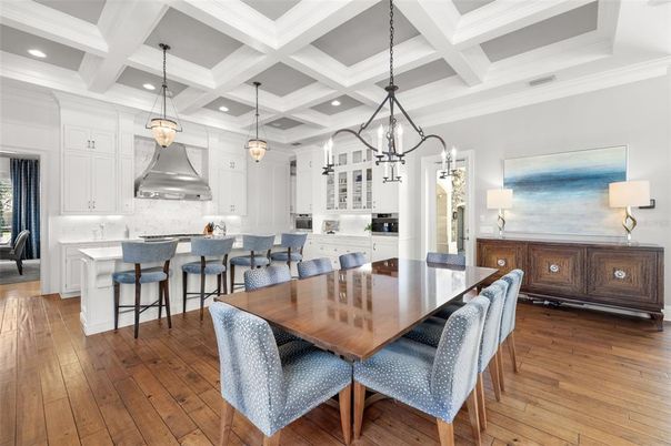 Dining room, Interior, Kitchen, Pendant Lights, Recessed Lighting, Stainless Steel Appliances, Wood Texture Flooring
