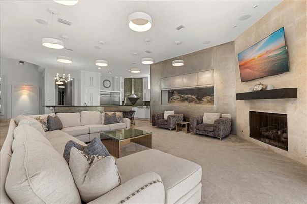 Fireplace, Interior, Kitchen, Living room, Pendant Lights, Recessed Lighting