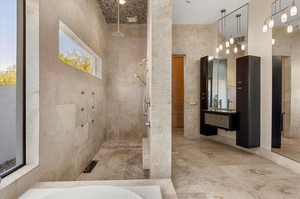 Bathroom, Glass Shower, Interior, Pendant Lights