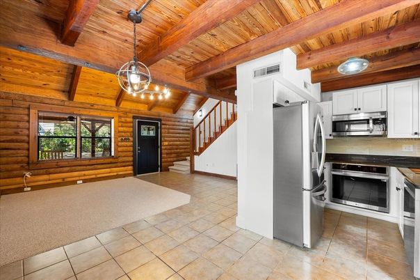 Interior, Kitchen, Pendant Lights, Stainless Steel Appliances, Wooden Beams, Wooden Ceilings, Wooden Walls