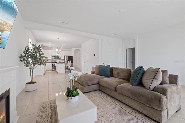 Fireplace, Interior, Kitchen, Living room, Pendant Lights, Recessed Lighting, Stainless Steel Appliances