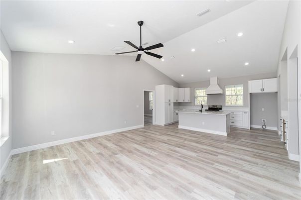 Empty room, Interior, Kitchen, Recessed Lighting, Wood Texture Flooring