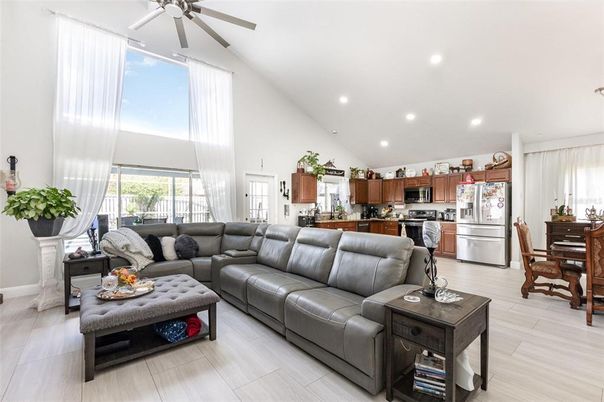 Dining room, Interior, Kitchen, Living room, Recessed Lighting, Stainless Steel Appliances, Wood Texture Flooring