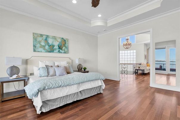 Bedroom, Chandelier, Interior, Recessed Lighting, Wood Texture Flooring