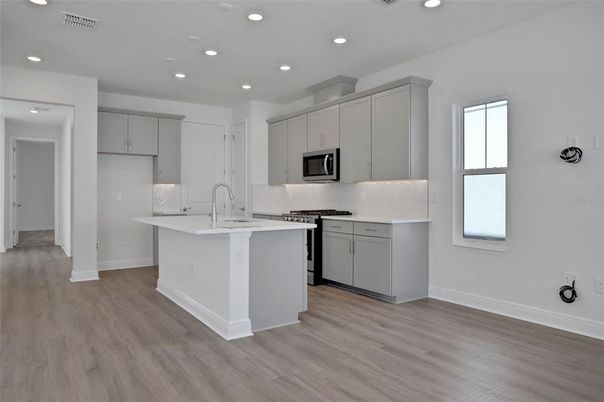 Interior, Kitchen, Recessed Lighting, Stainless Steel Appliances, Wood Texture Flooring