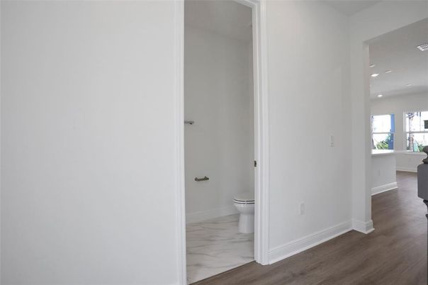 Bathroom, Interior, Marble, Recessed Lighting, Wood Texture Flooring