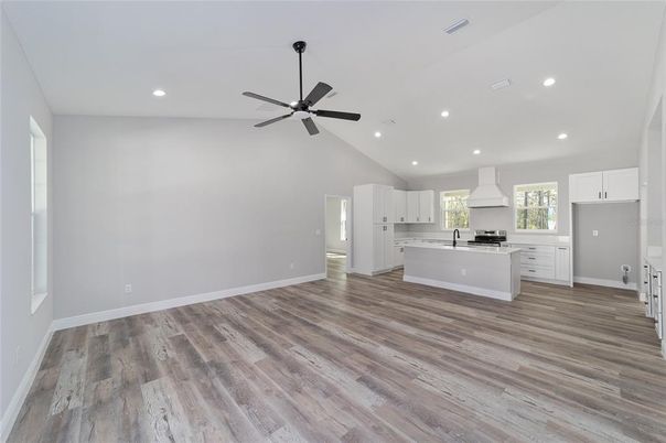 Empty room, Interior, Kitchen, Recessed Lighting, Wood Texture Flooring