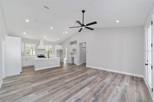 Empty room, Interior, Kitchen, Recessed Lighting, Wood Texture Flooring