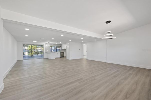 Empty room, Interior, Kitchen, Pendant Lights, Recessed Lighting, Wood Texture Flooring