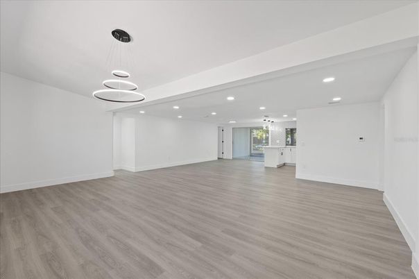 Empty room, Interior, Pendant Lights, Recessed Lighting, Wood Texture Flooring