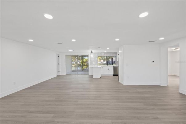 Empty room, Interior, Kitchen, Pendant Lights, Recessed Lighting, Wood Texture Flooring