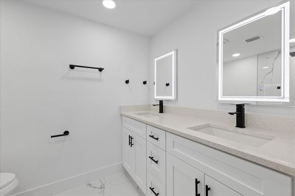 Bathroom, Dual Sink Vanities, Interior, Marble, Recessed Lighting